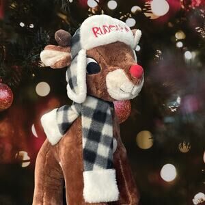 Dan Dee Rudolph the Red Nosed Reindeer Plush 12” Scarf Hat Brown Stuffed Animal